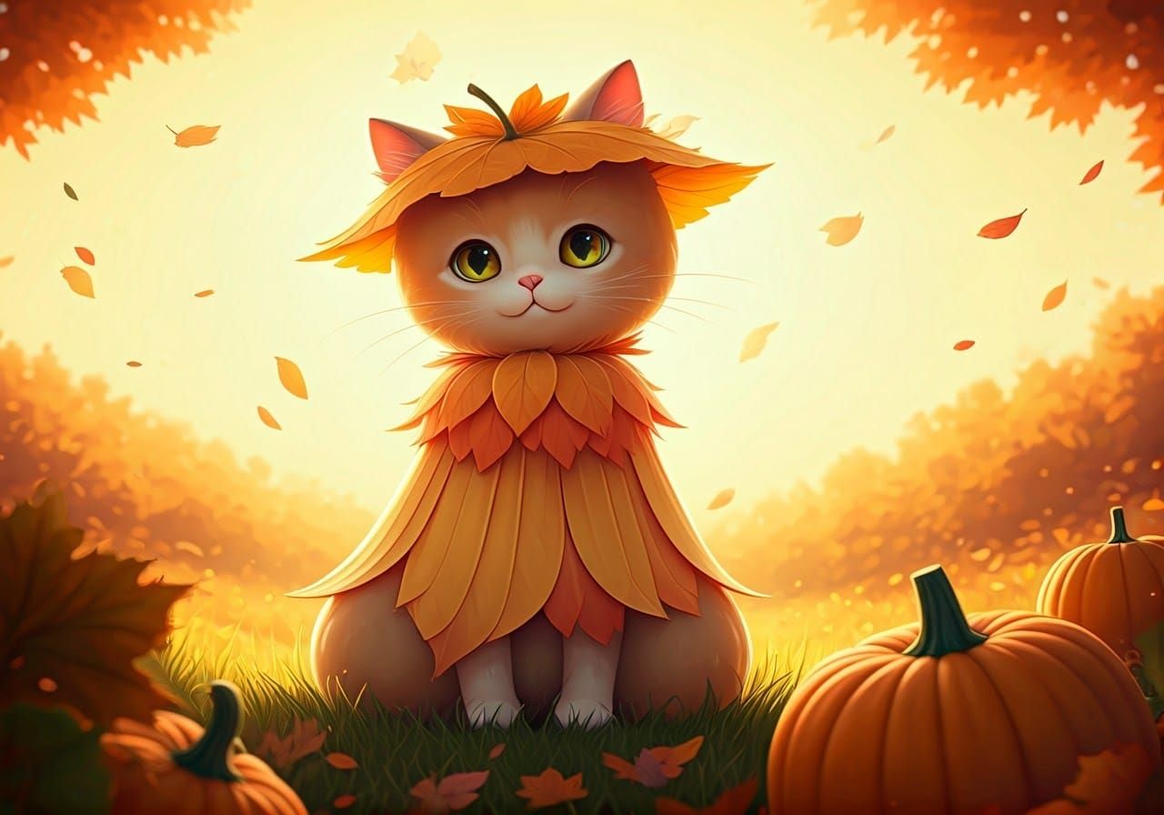 Chibified Autumn Squash Cat in Vibrant Field