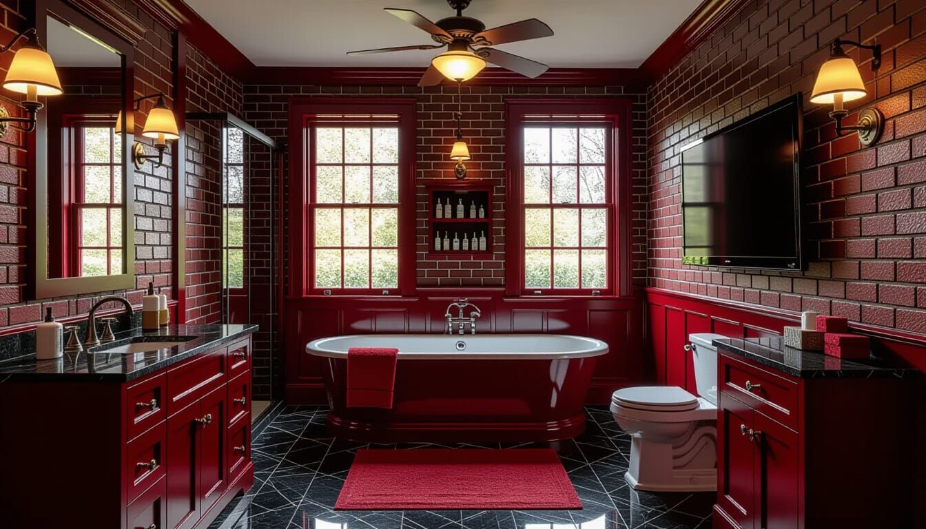 Victorian Bathroom with Dark Red and Brick Accents