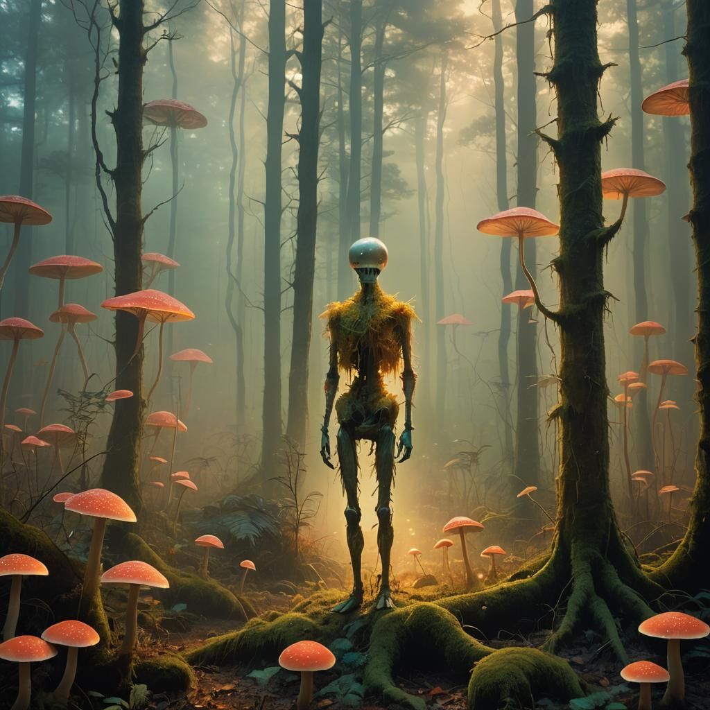 Surreal Humanoid Figure in Mystical Forest, Oil Painting