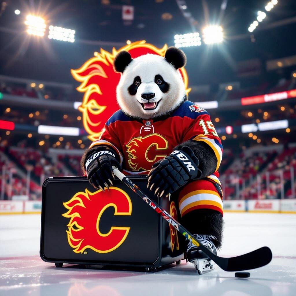 Panda in Calgary Flames Jersey on Arena Sign