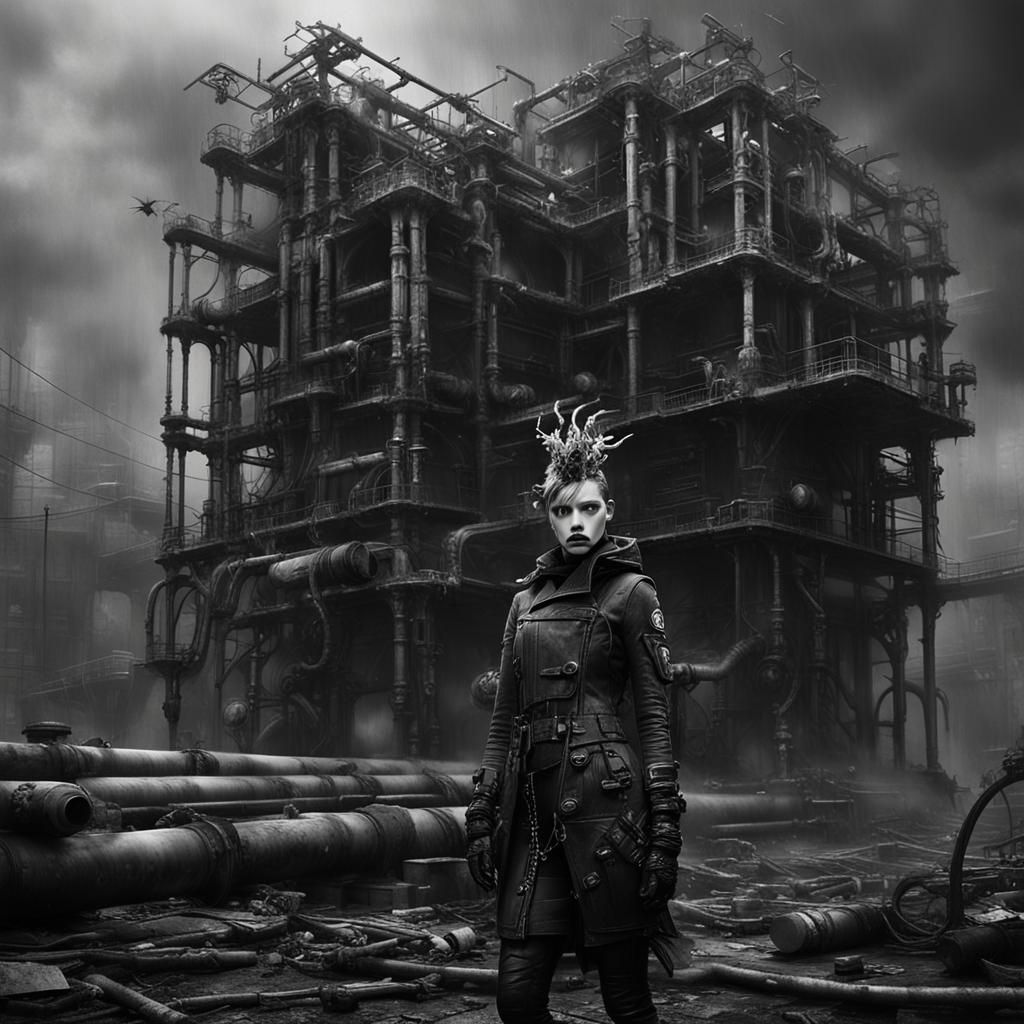 Cybergoth Model in Industrial Wasteland: Black and White Pho...