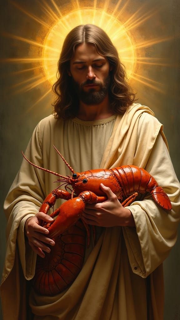 Jesus Cuddles a Tranquil Lobster in Warm Golden Light