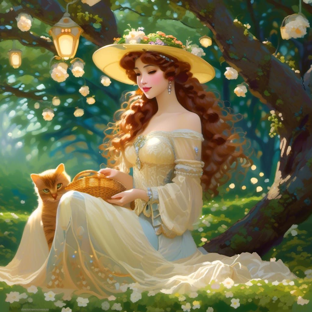 Woman in Flower Garden with Basket, Art Nouveau