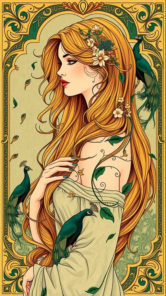 Elegant Woman Transforms into Floral Vines in Art Nouveau St...