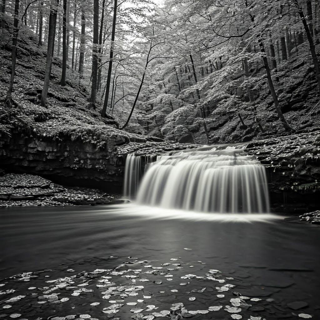 Majestic Waterfall in Black and White Long Exposure