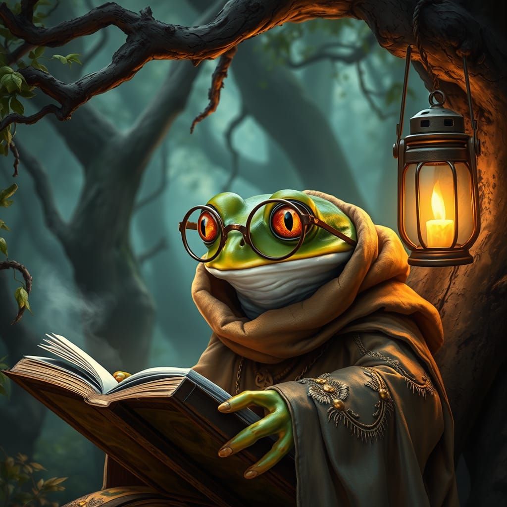 Ancient Tree Frog Scholar in Mystical Forest
