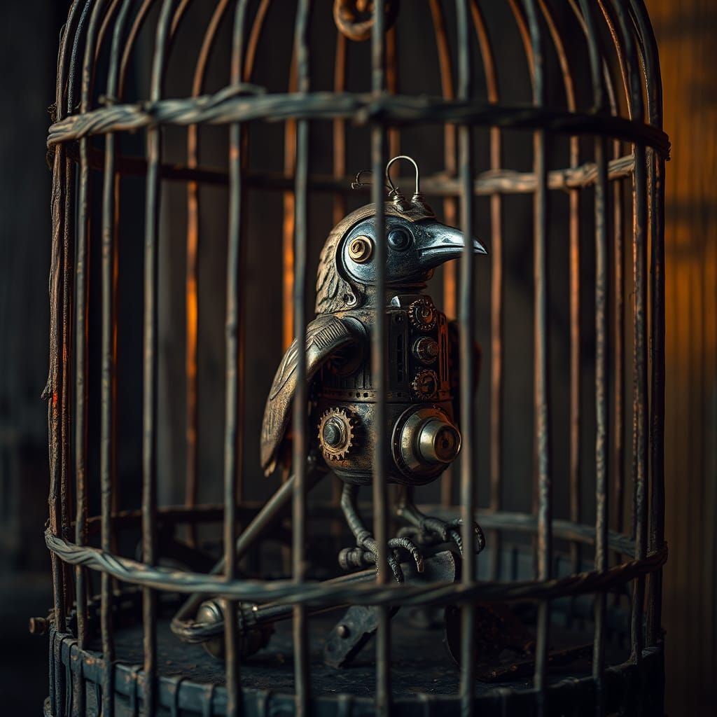 Steampunk Robot Bird in Vintage Birdcage