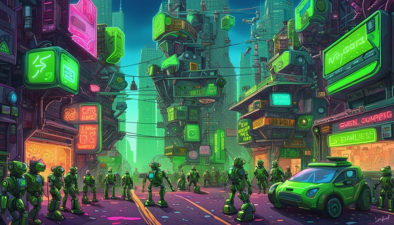Hyperrealistic Neon City of Robots