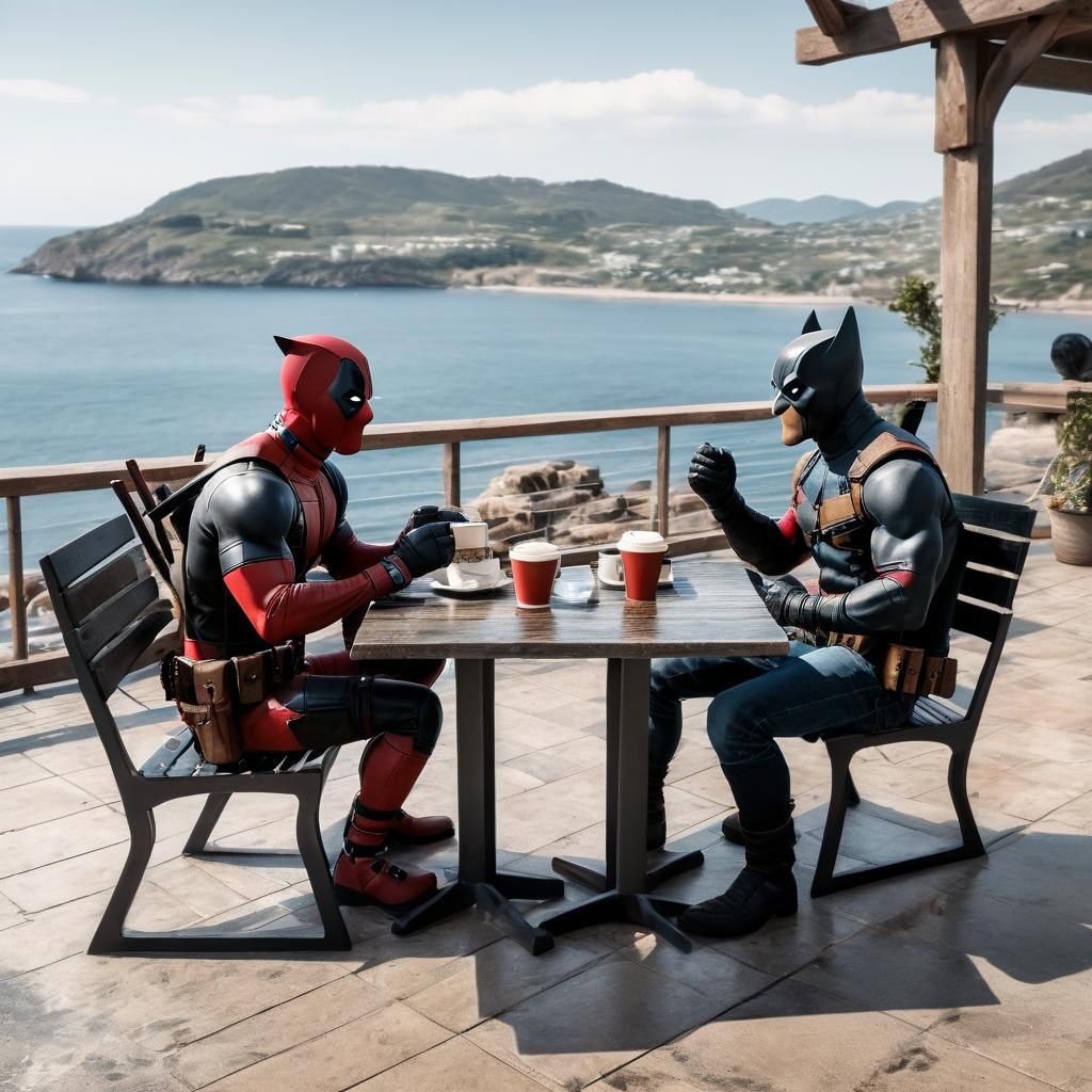 Baby Deadpool and Wolverine at Café