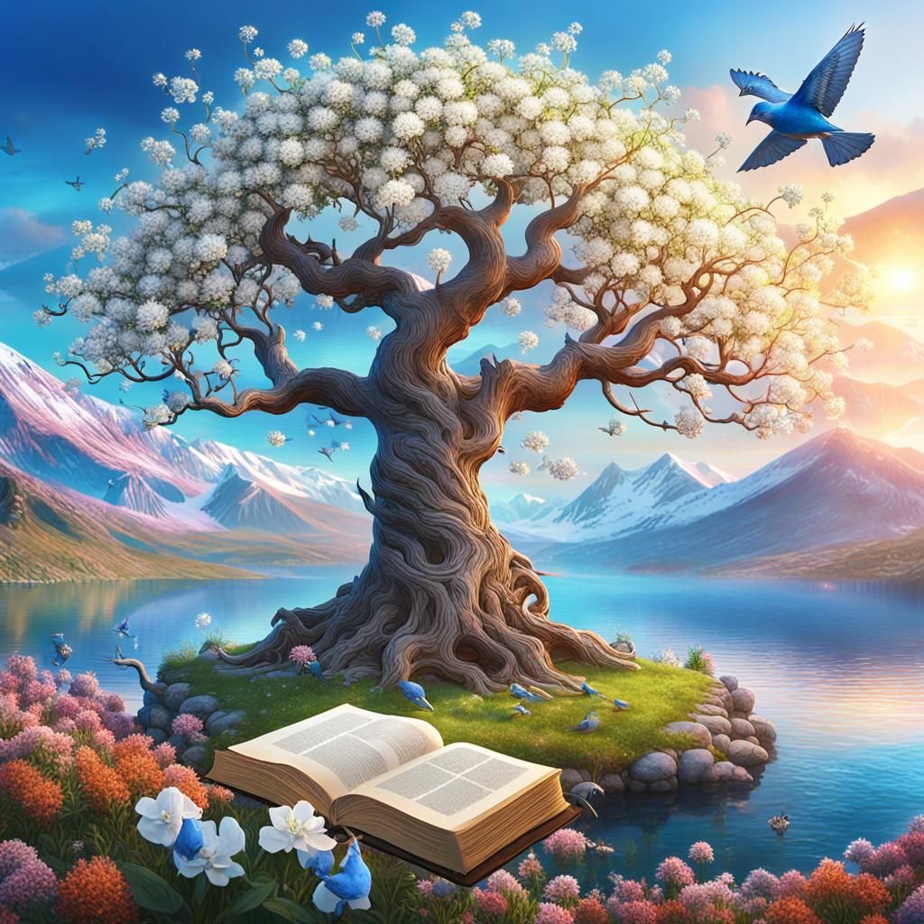 Ancient Tree of Life by Lake at Sunrise