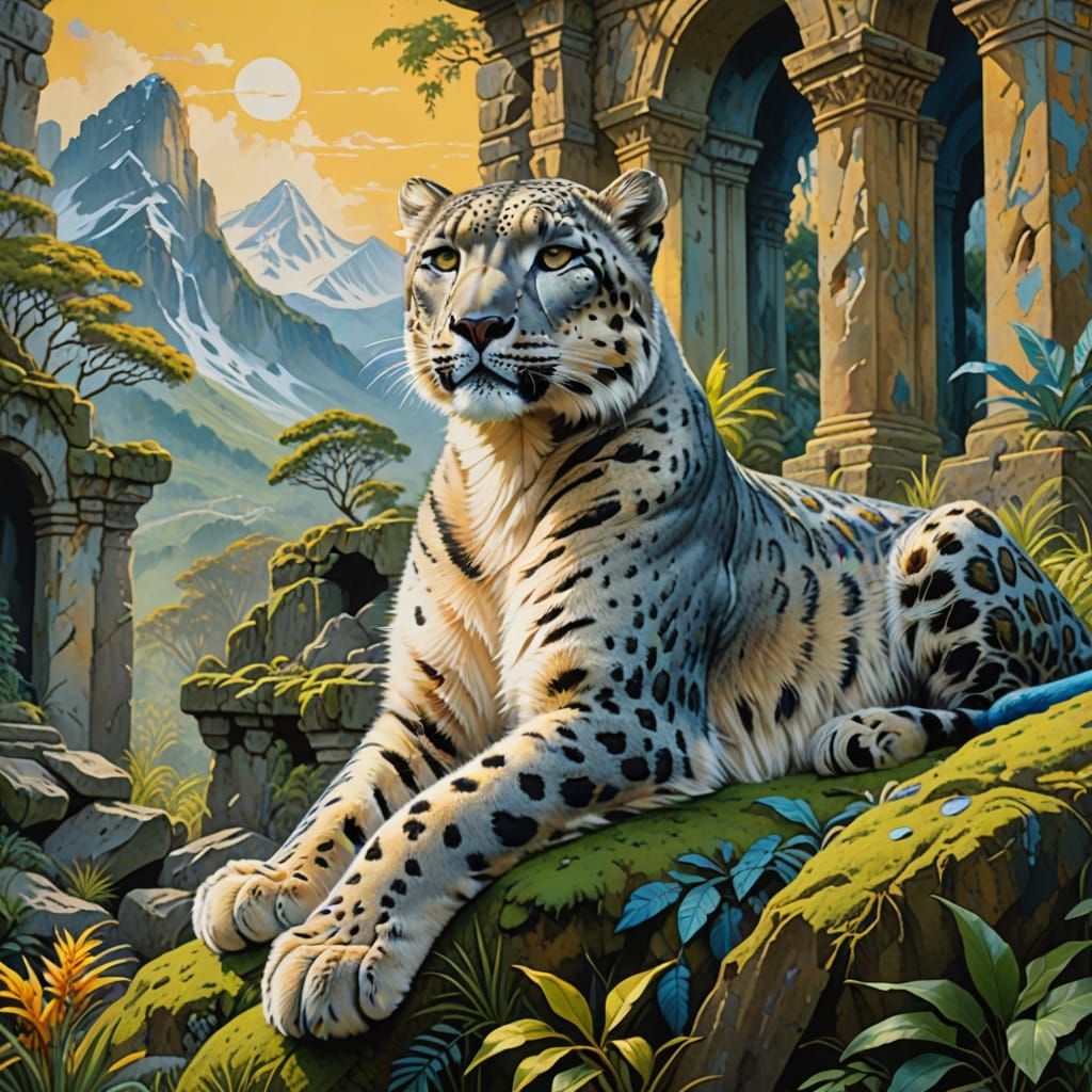 Ethereal Snow Leopard in Vibrant Ruins, Gouache Masterpiece