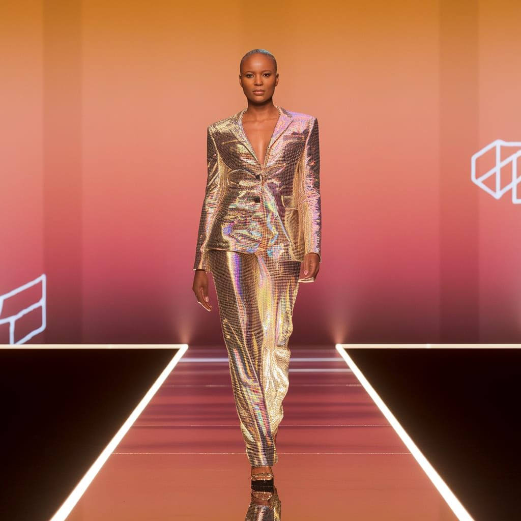 Model Struts in Futuristic Neon Runway Setting