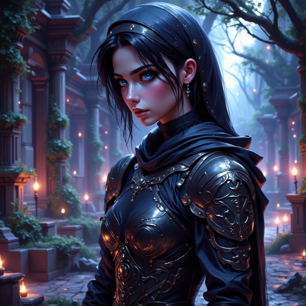 Warrior Nun Guards Forgotten Temple in Bioluminescent Glow