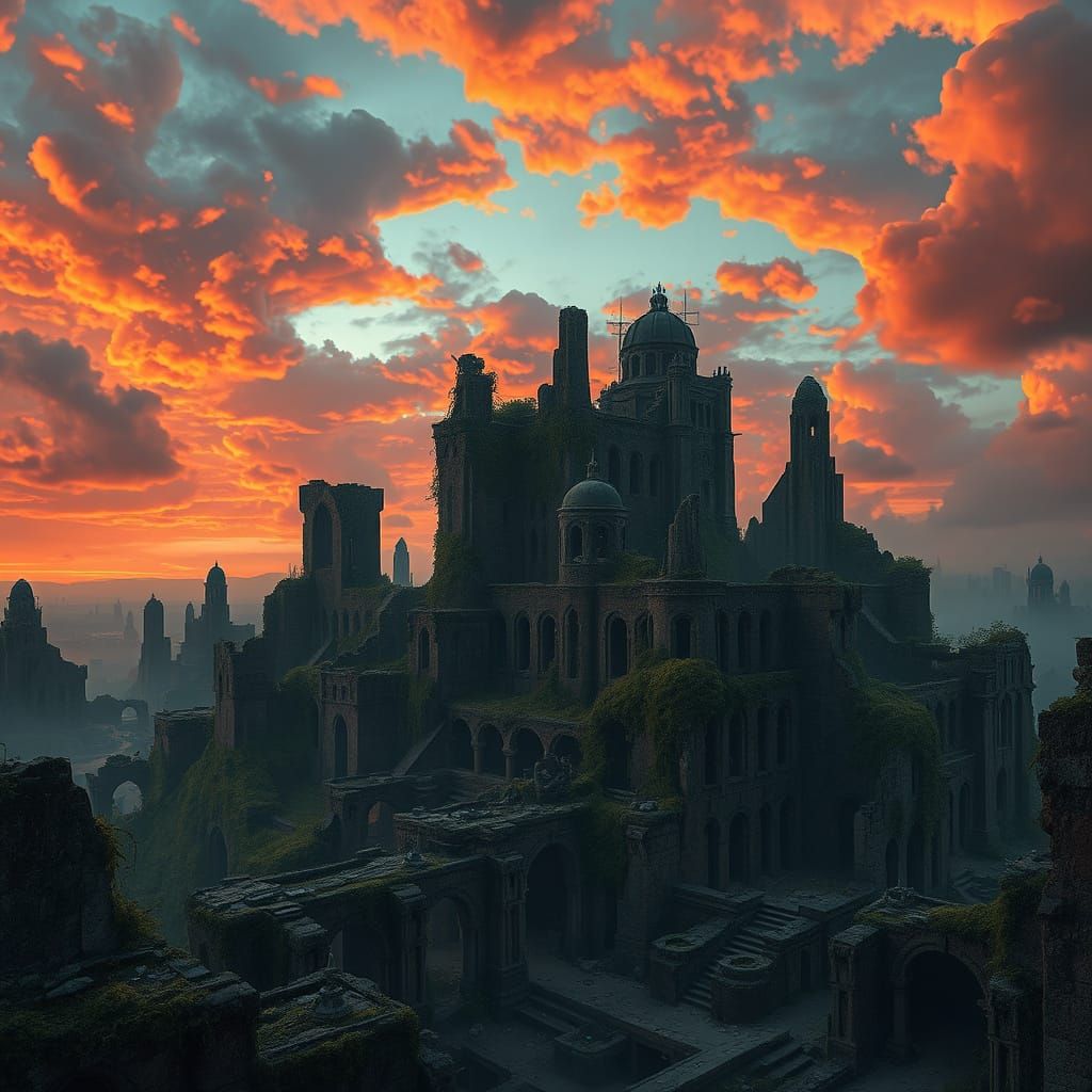 Ancient Cityscape Ablaze in Vibrant, Fiery Skies