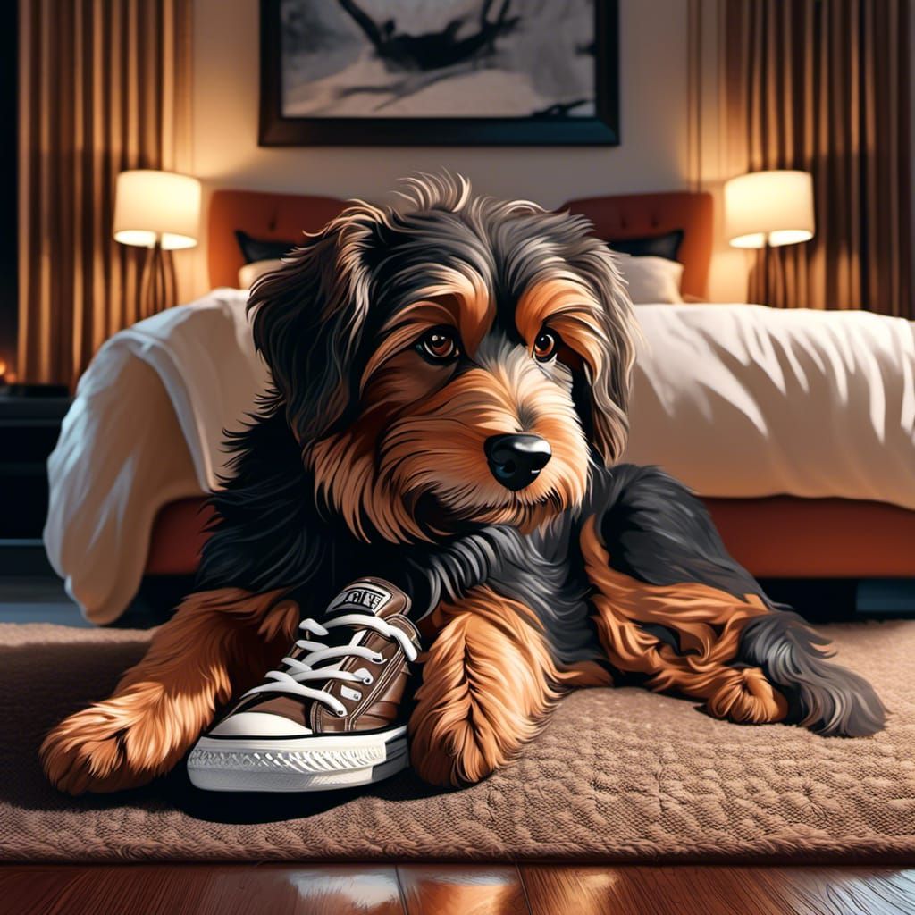 Dog Chewing Sneaker: Glossy Airbrush Oil Illustration