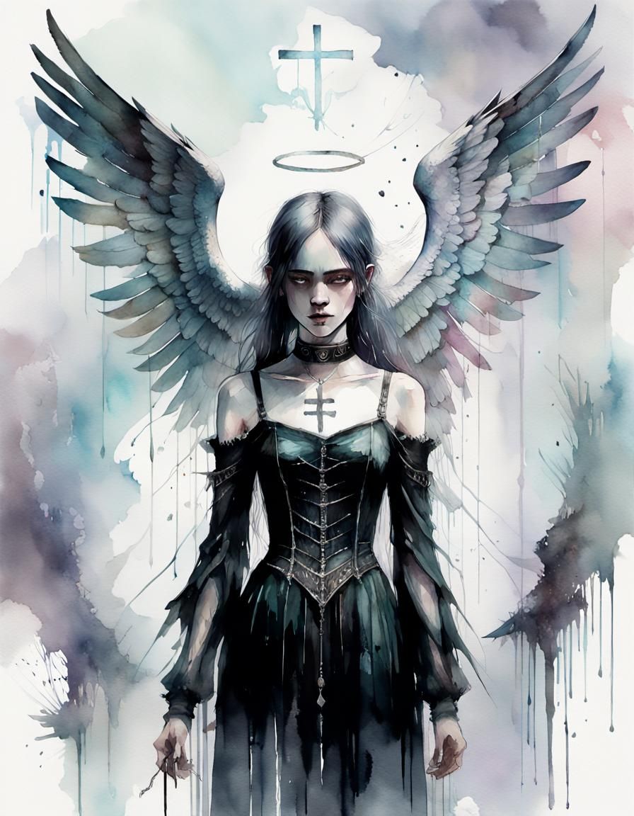 Ethereal Angel Goddess in Gothic Watercolor