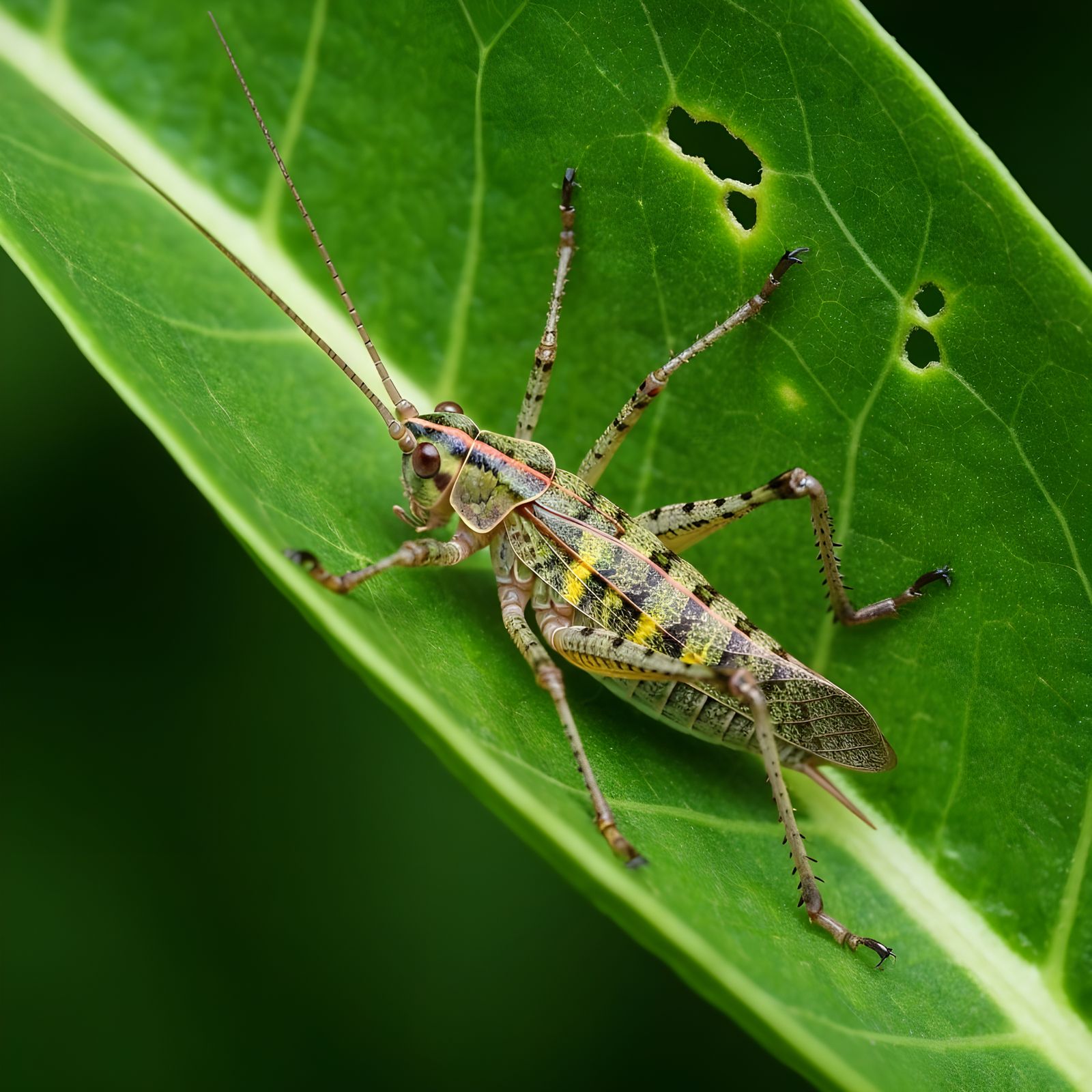 Hyperrealistic Katydid Camouflage on Vibrant Green Leaf