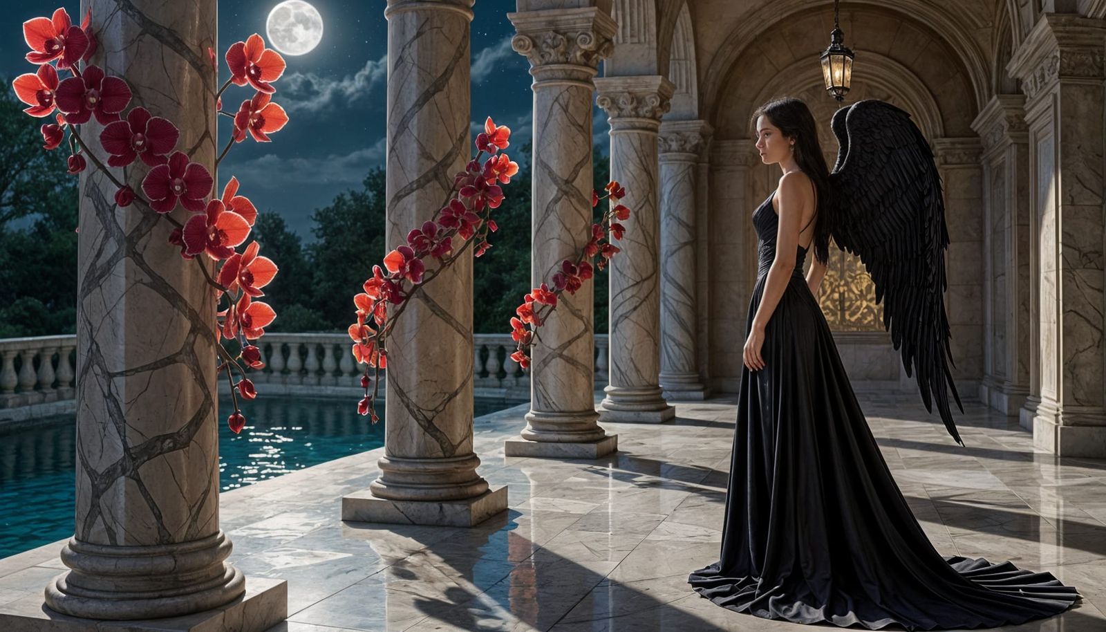 Moonlit Angel in Obsidian Gown with Red Orchids
