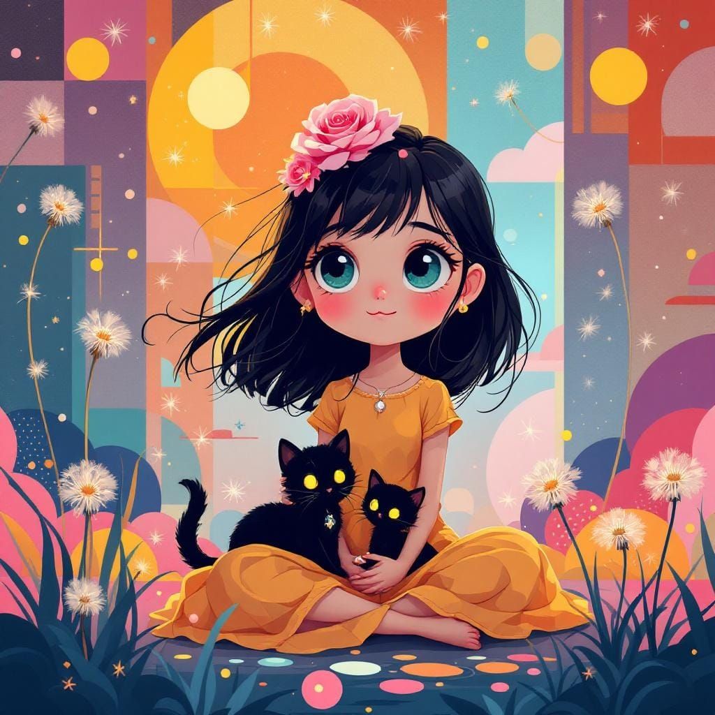 Anime Girl with Black Cat in Digital Art Style