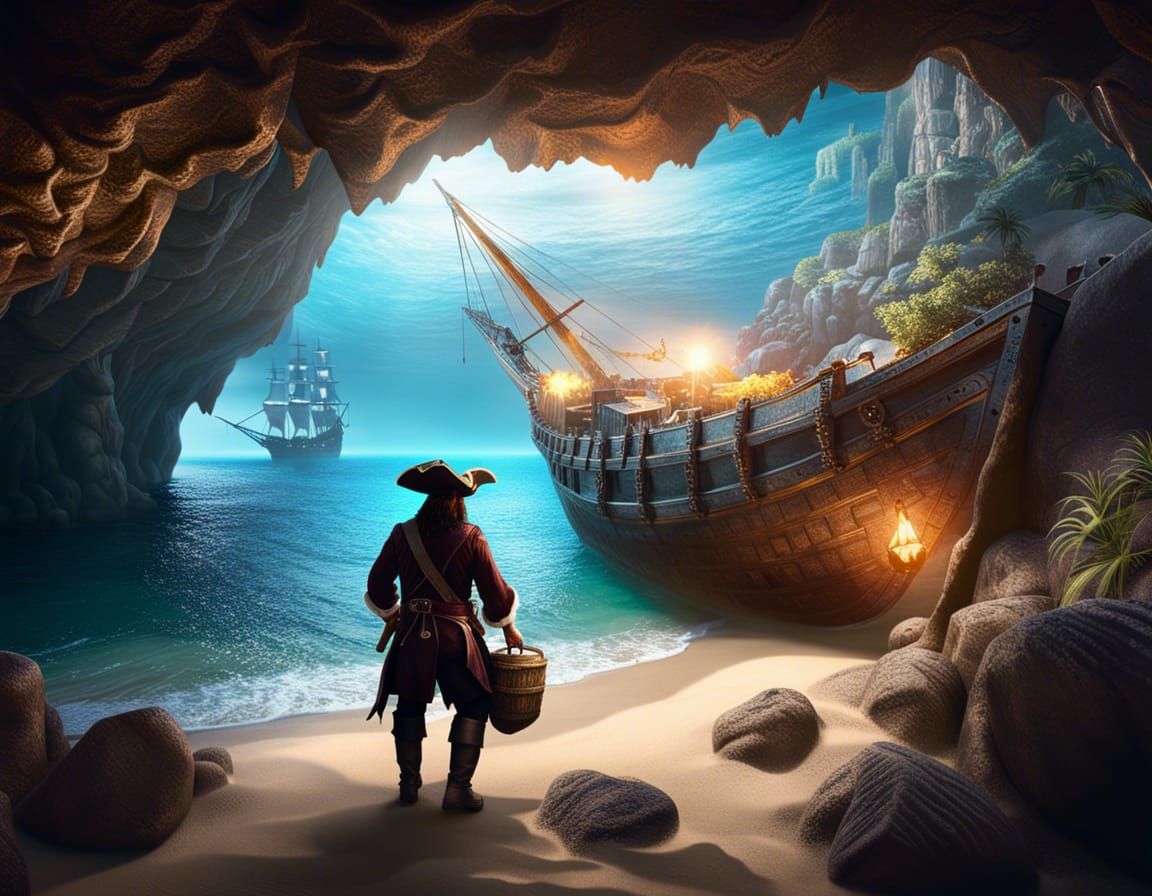 Pirate hiding treasure in a a cave by a beach