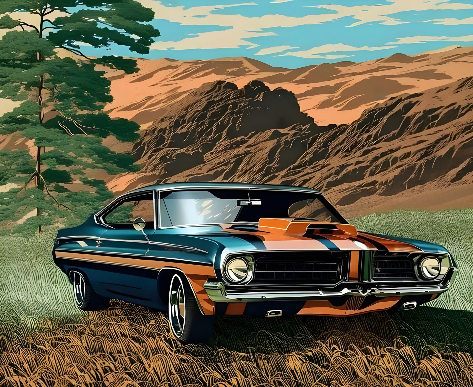 Punk Rock Scene with Muscle Car in Vintage Poster Art