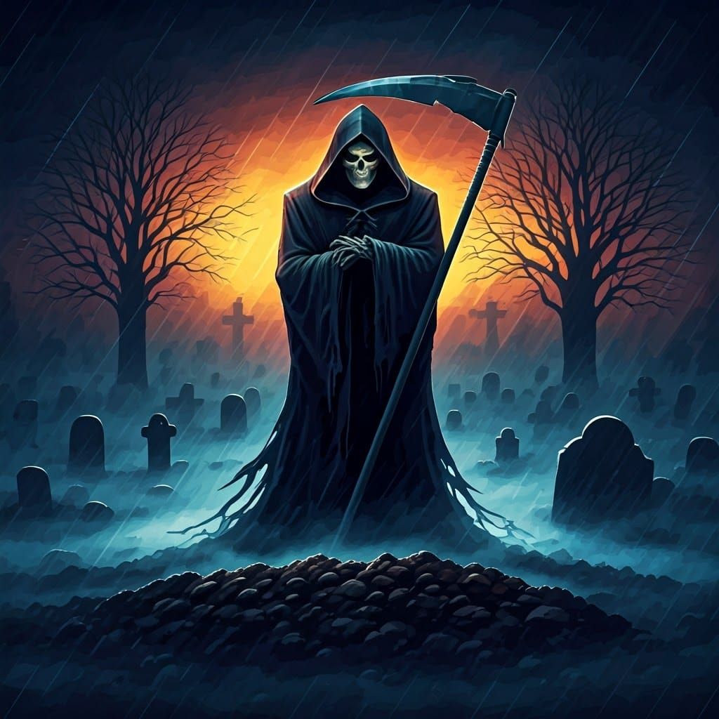 Grim Reaper in Fog-Shrouded Cemetery at Night