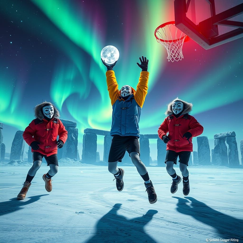 Futuristic Basketball Game Under Aurora Borealis