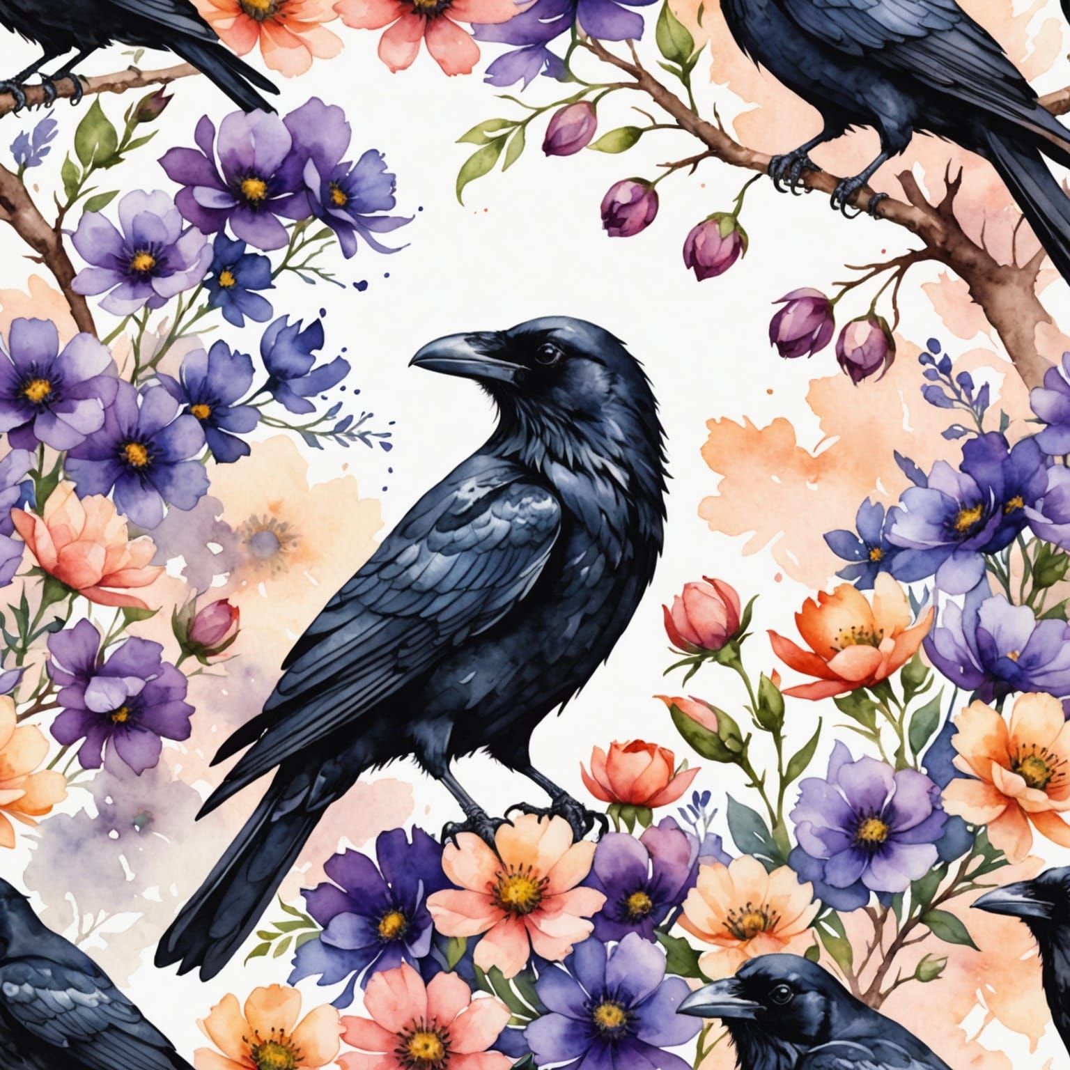 Blooming Beauty Amidst Midnight Serenity in Watercolor