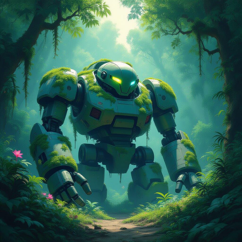 Ancient Robot Sleeps in Bioluminescent Alien Jungle