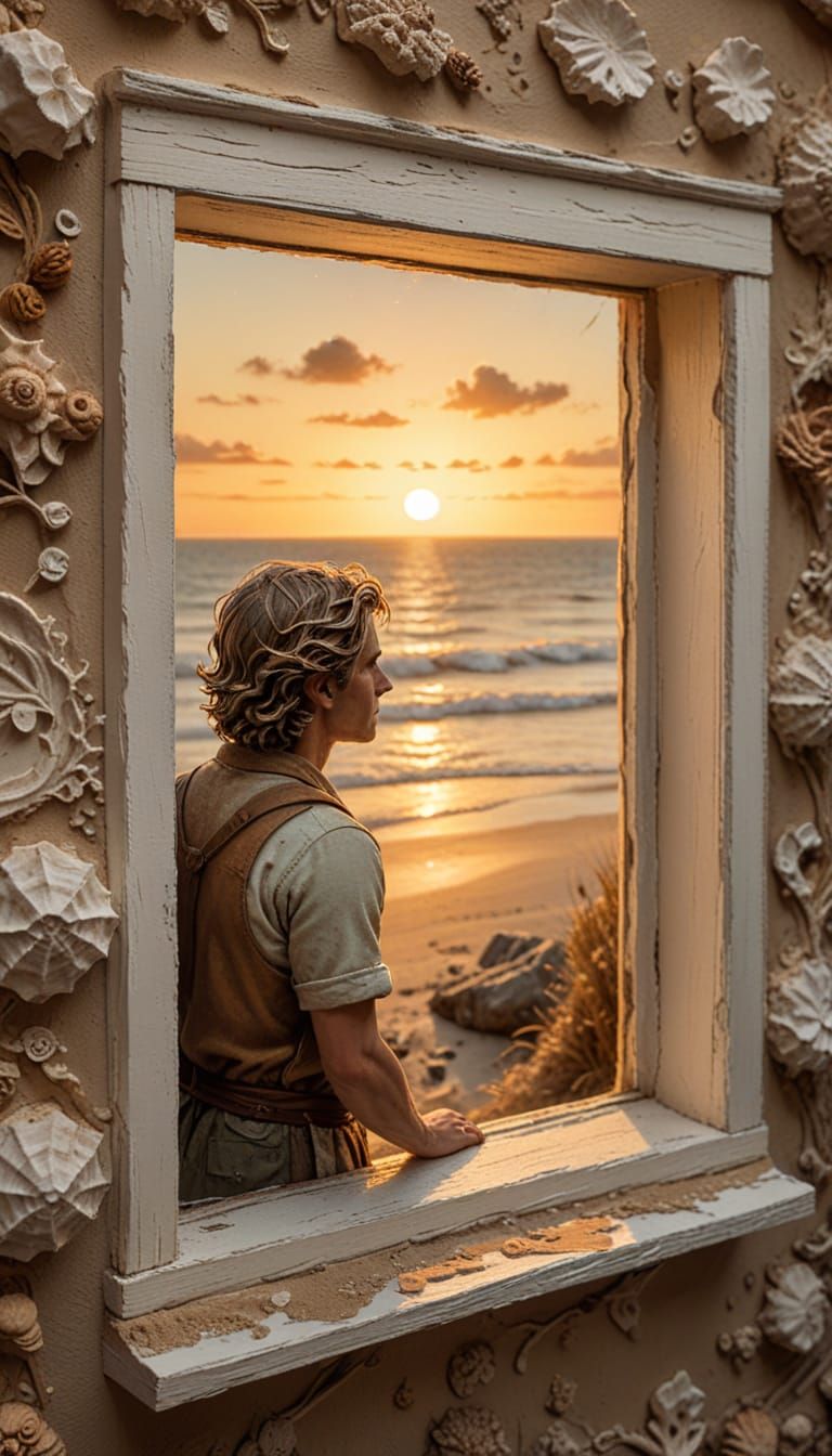 Rustic Seaside Tavern Window Scene in Mixed Media