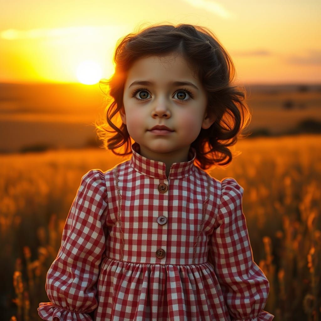 Girl in Gingham Dress Under Vibrant Prairie Sunset
