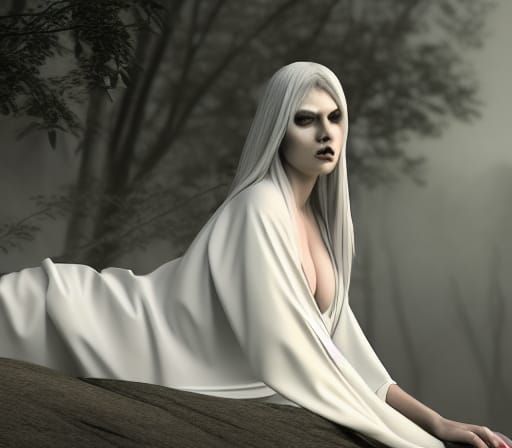 Iridescent Banshee Woman in White Robe, Digital Art