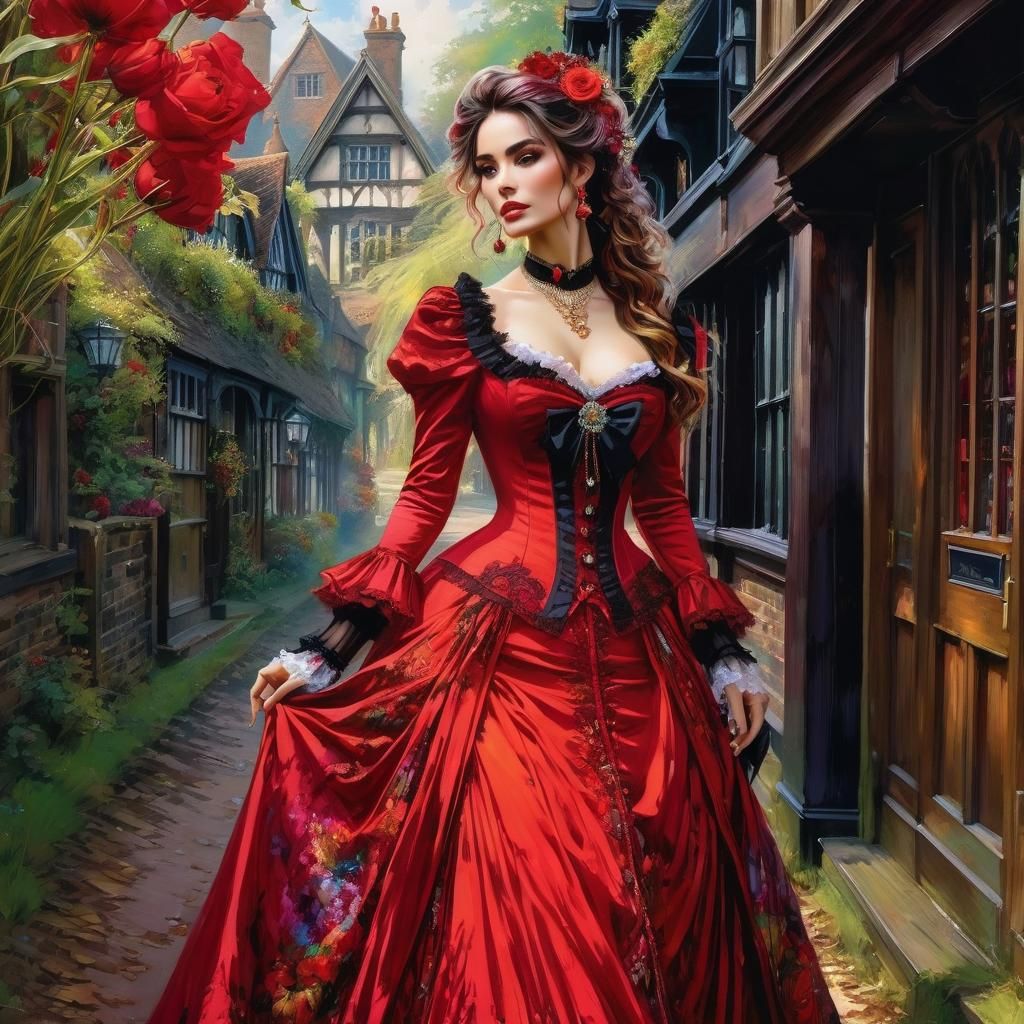 Victorian Woman in Red Dress: Anime-Gothic Style