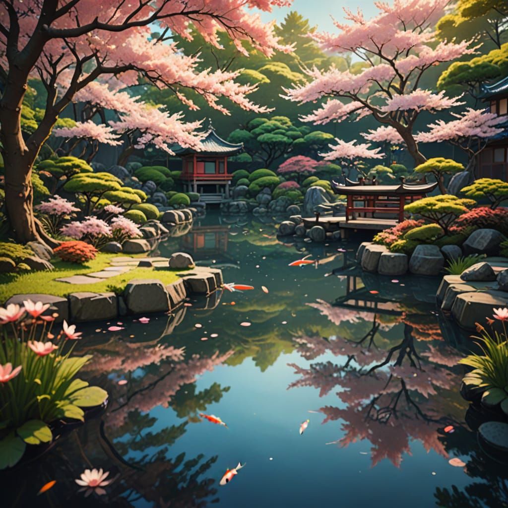 Surreal Anime-Inspired Japanese Garden Scene with Cherry Blo...