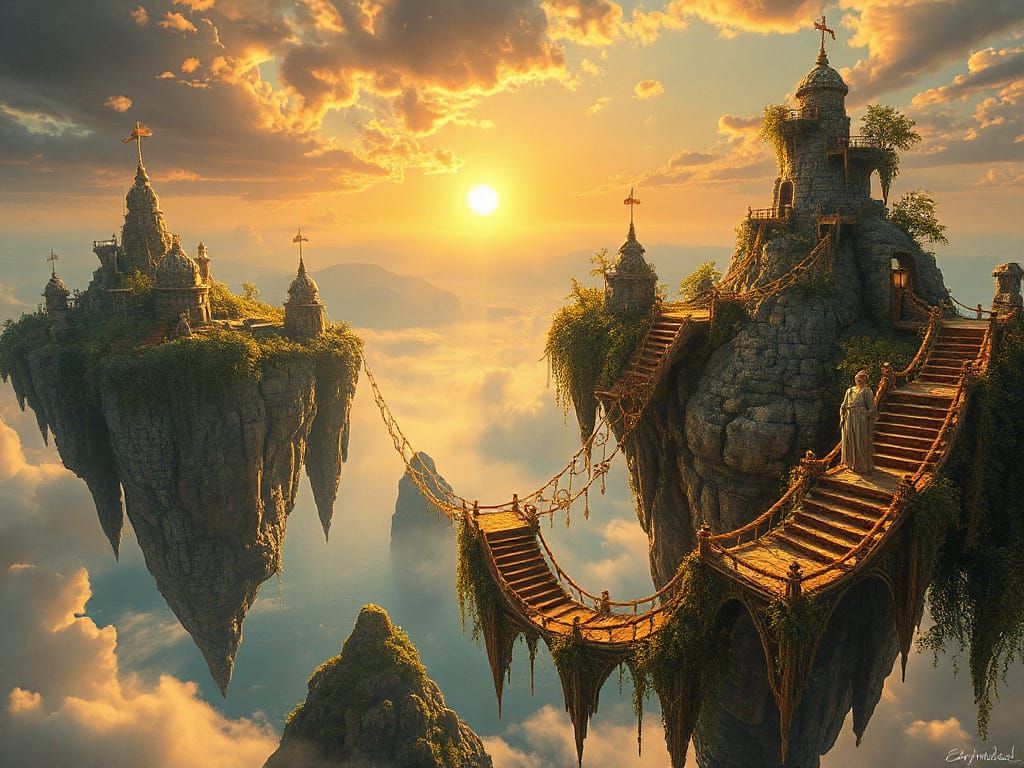 Surreal Fractal Islands Connected by Bridges in Golden Light