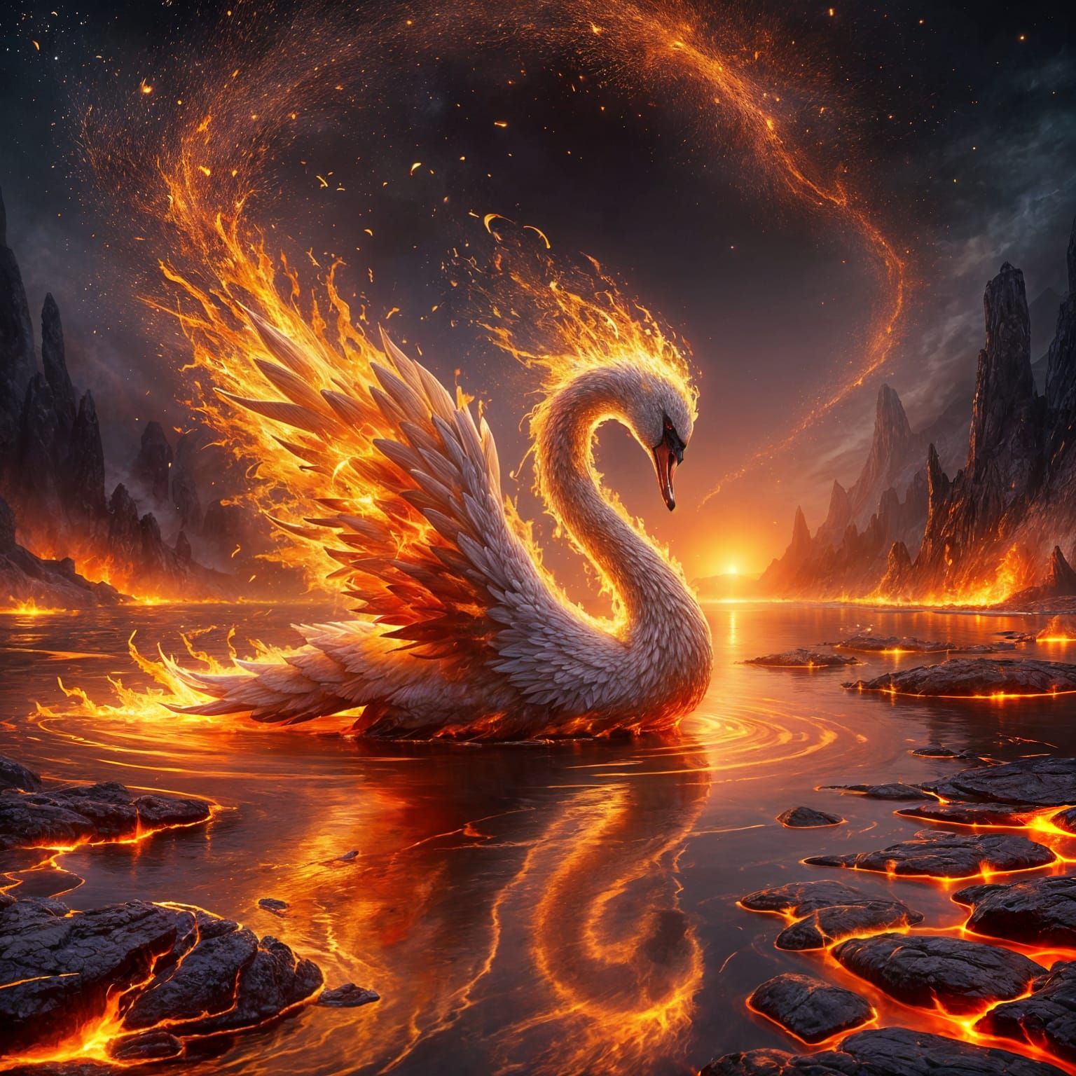 Molten Swan soars over Lake of Liquid Fire in Vibrant, Cyber...