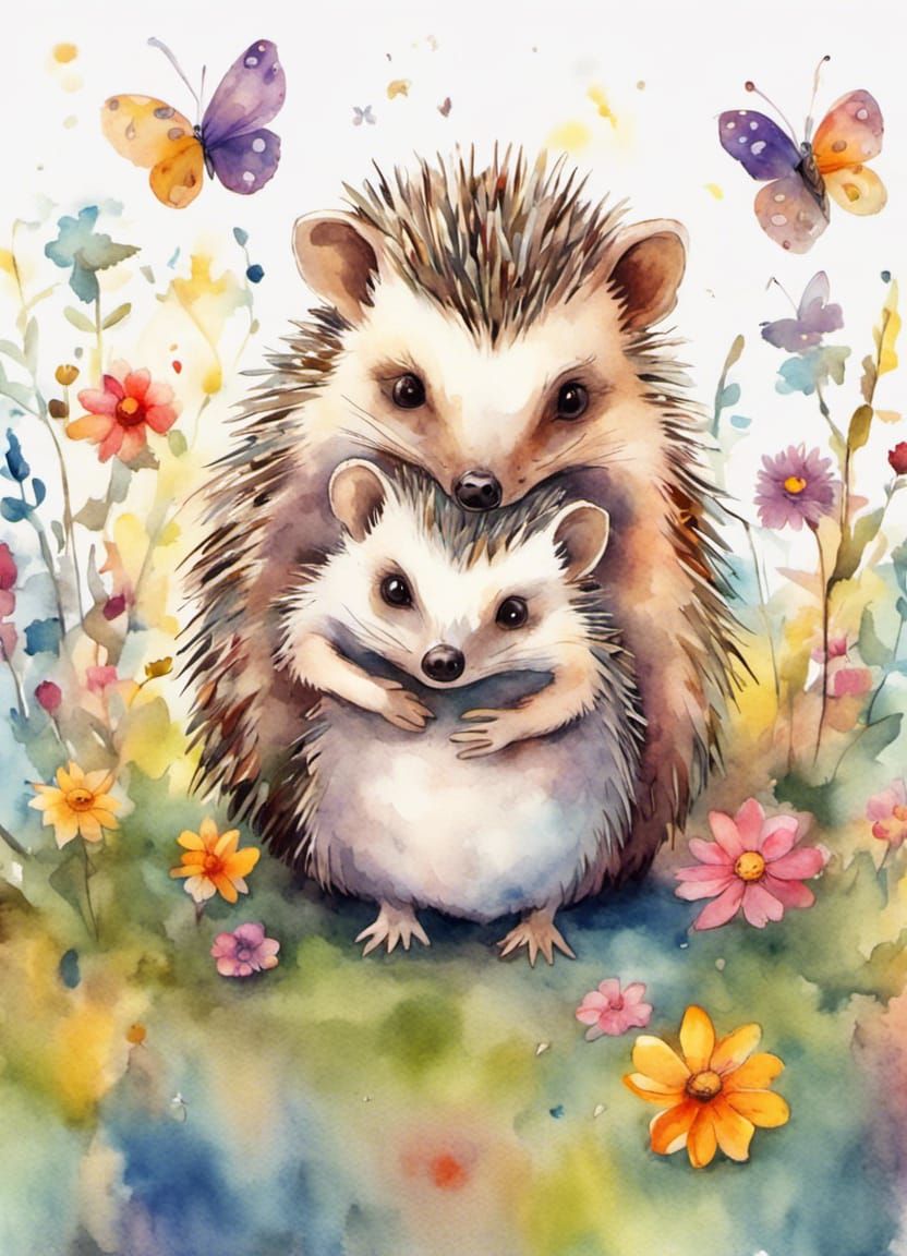 Cute Hedgehog Hugs: Watercolor Meadow Scene