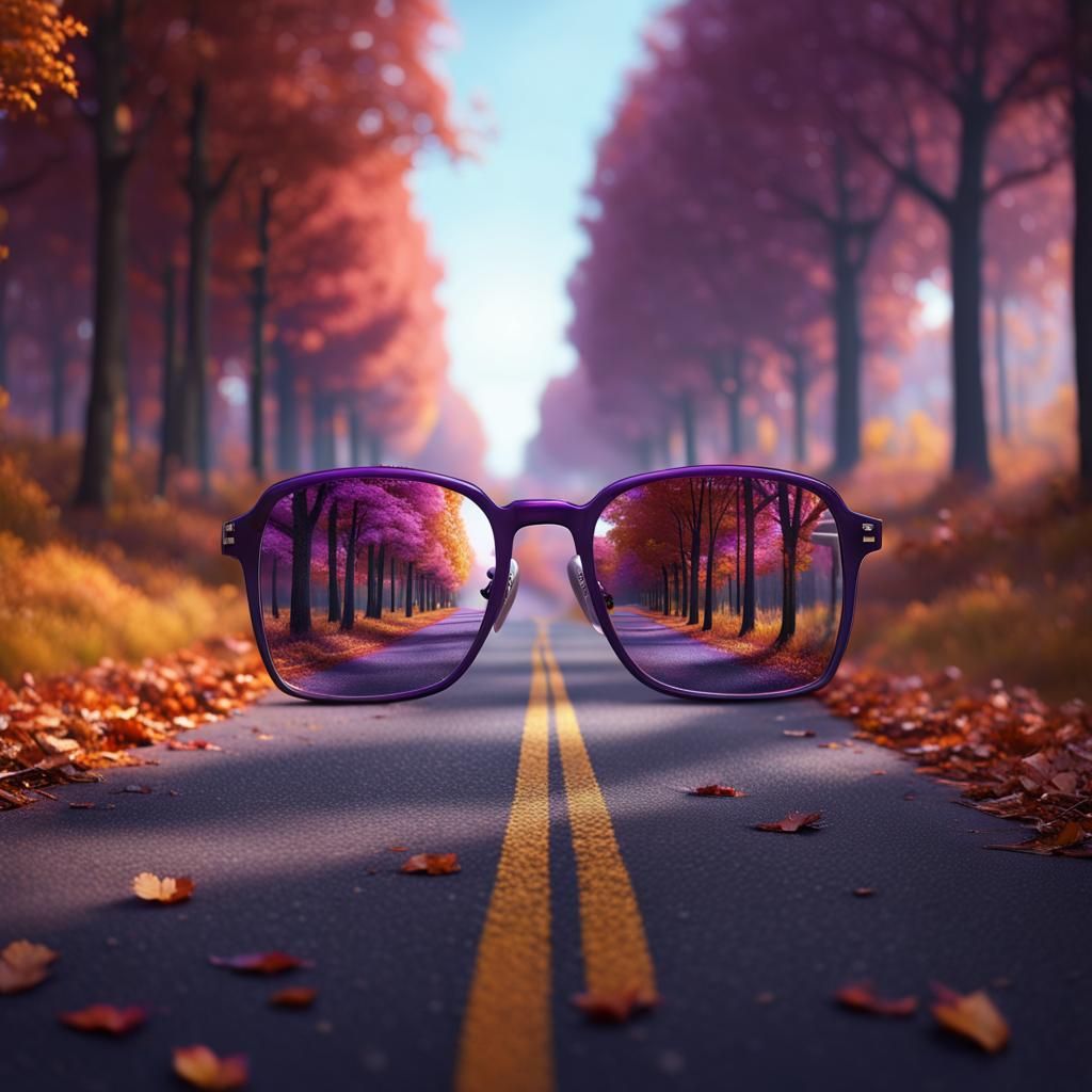 Purple Eyeglasses Reflecting Autumn Road, Detailed Matte Pai...