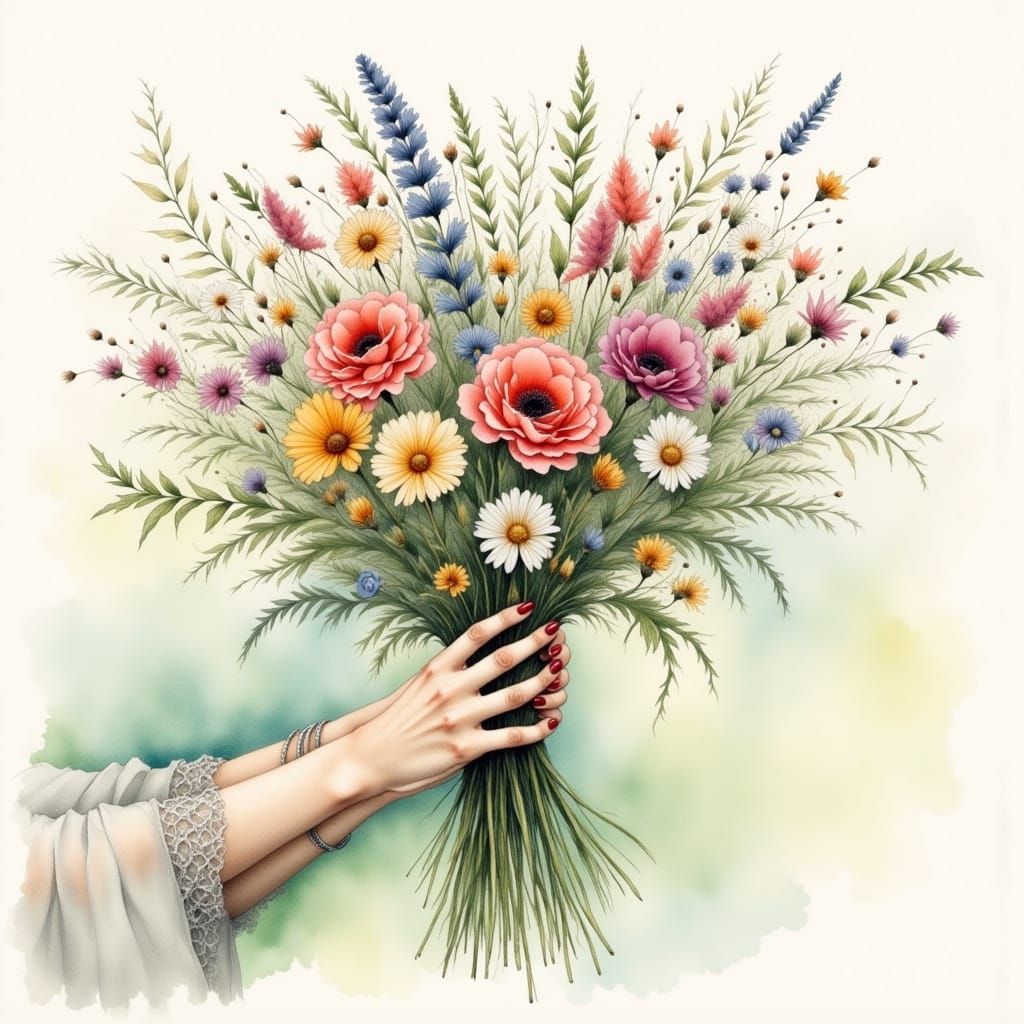 Woman's Hands Holding Wildflowers in Muted Watercolor Style