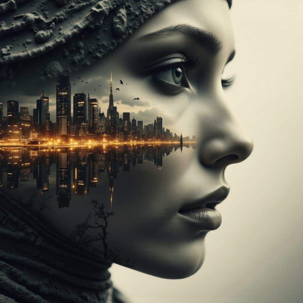 Dystopian Future Double Exposure Portrait in Gold and Gray