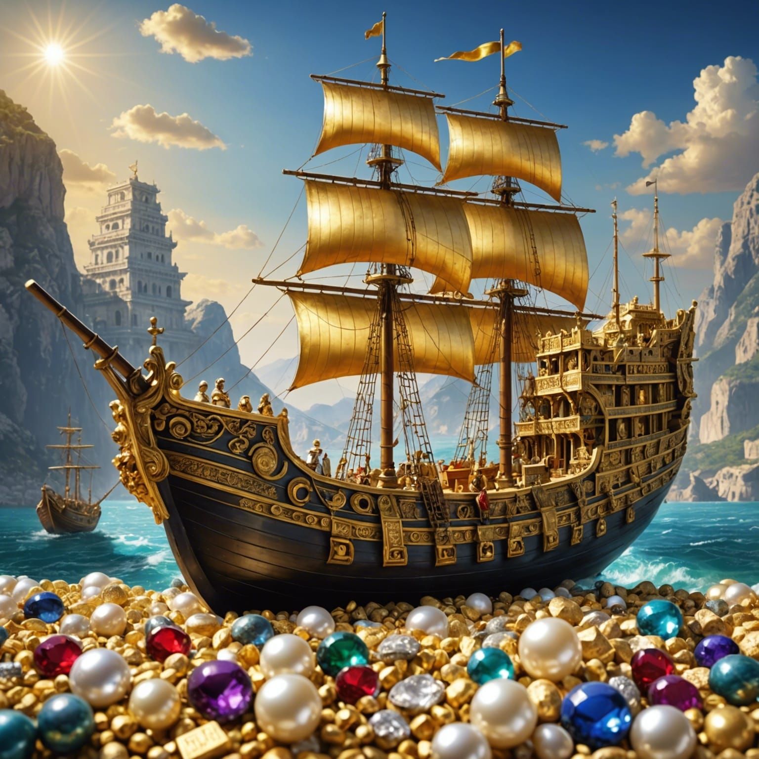 Biblical Ship Carrying Gold, Silver, and Pearls