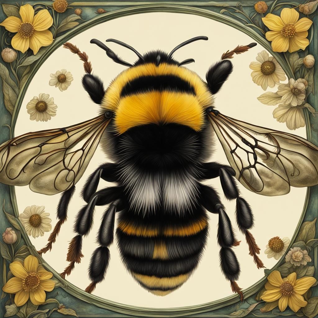 Hyperrealistic Bumblebee with Art Nouveau Background
