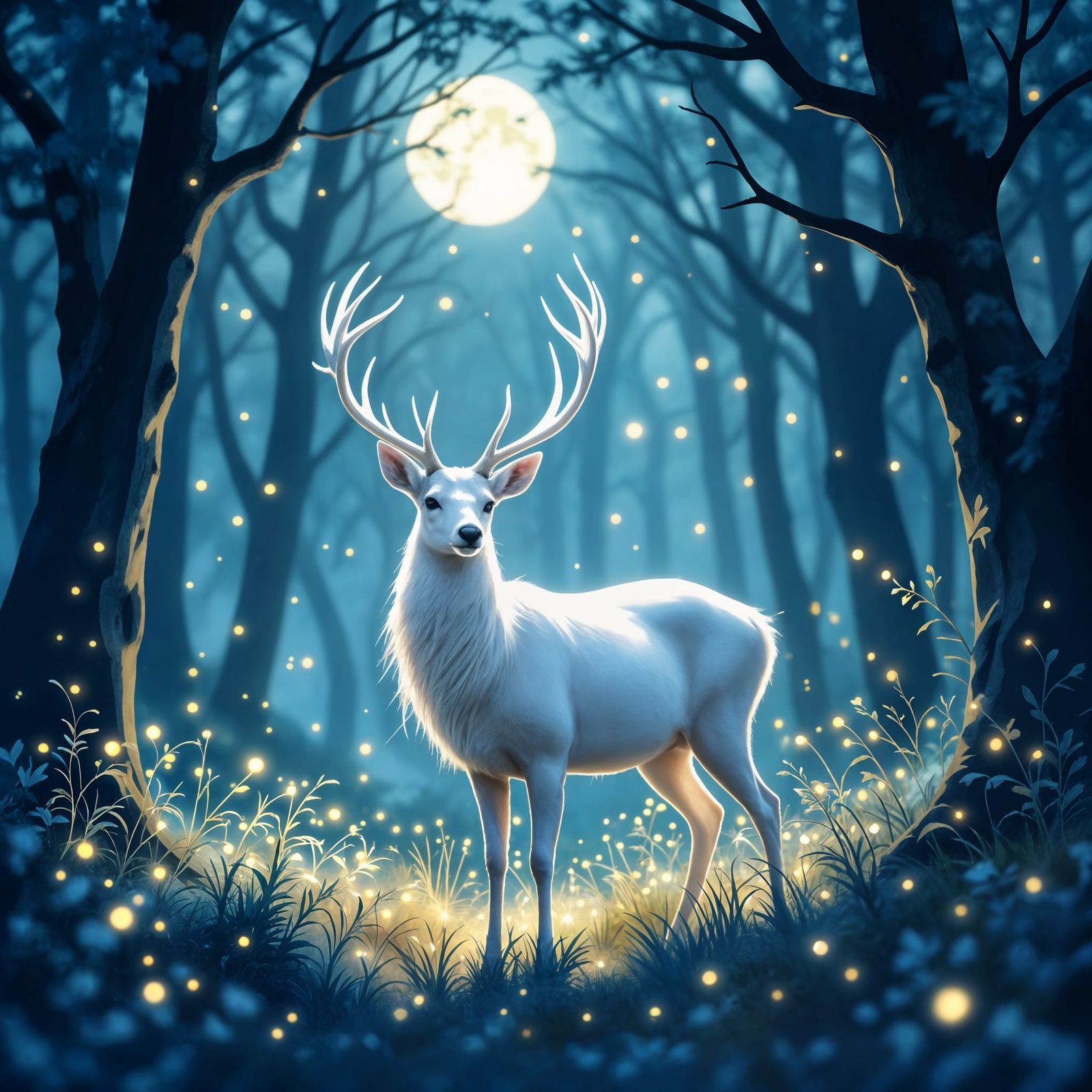 Dreamlike White Deer in Moonlit Grove