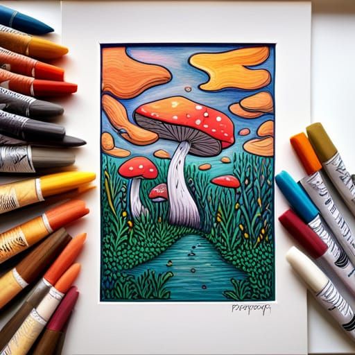 Trippy Abstract Mushroom Land in Gouache Style