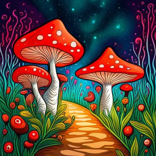 Vibrant Mushroom Realm in Dreamy Psychedelic Colors