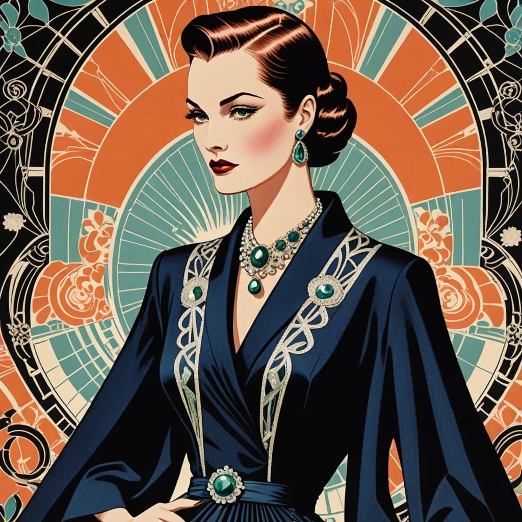 1950s Fashion Illustration in Art Deco Style