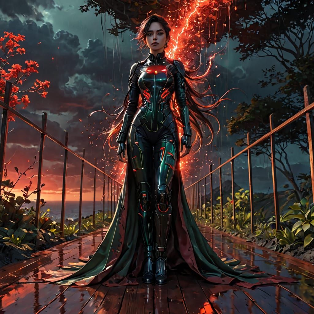 Melancholic Latina Woman in Gothic Exosuit Contemplates the ...