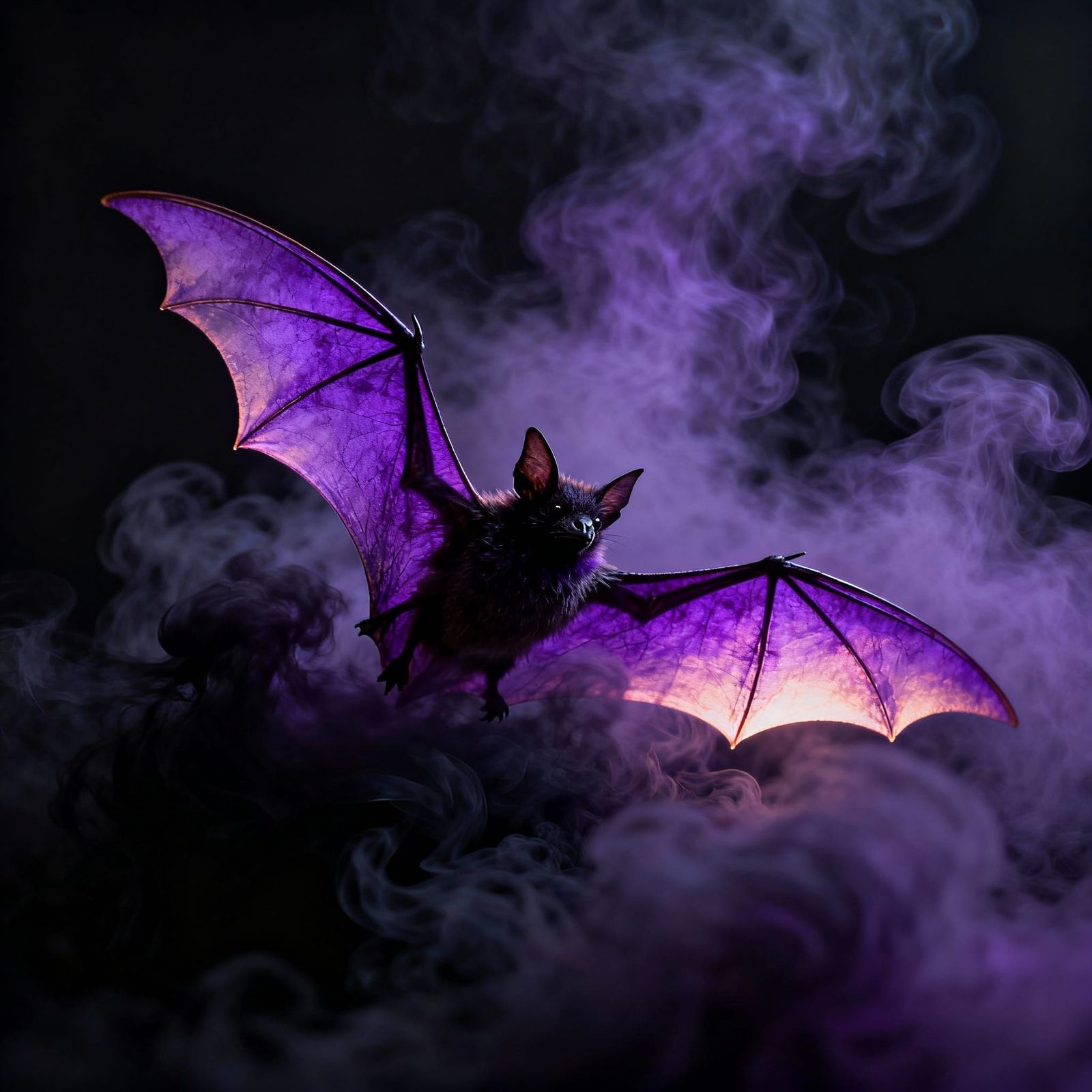 Bat Emerging From Darkness with Glowing Purple Wings