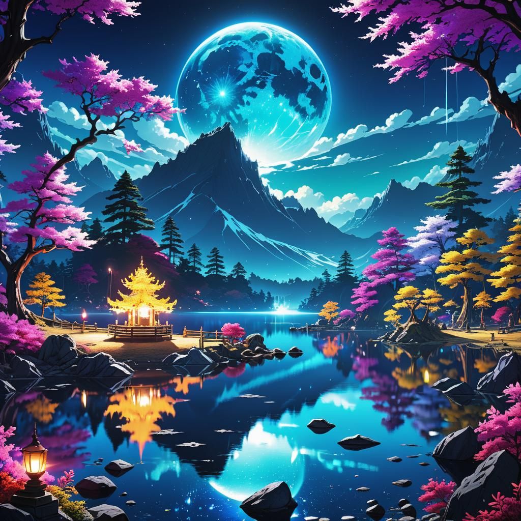 Magical Cosmic Lake in Anime Style