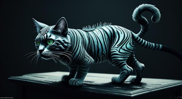 Detailed Whimsical Cat Chasing Butterfly in Inkblot Style